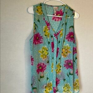 Pink Owl V-Neck Sheer Sleeveless Button Down Blue Floral Print Blouse. Size Lg